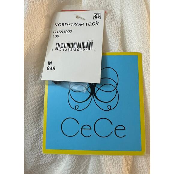 CeCe Women's White Flowy Black-Tie Collared Blouse with Bell Sleeves Medium - Picture 6 of 7